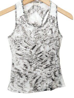 Angels Diamonds Tank Top Small White Distressed Lacy Sheer Racer Back